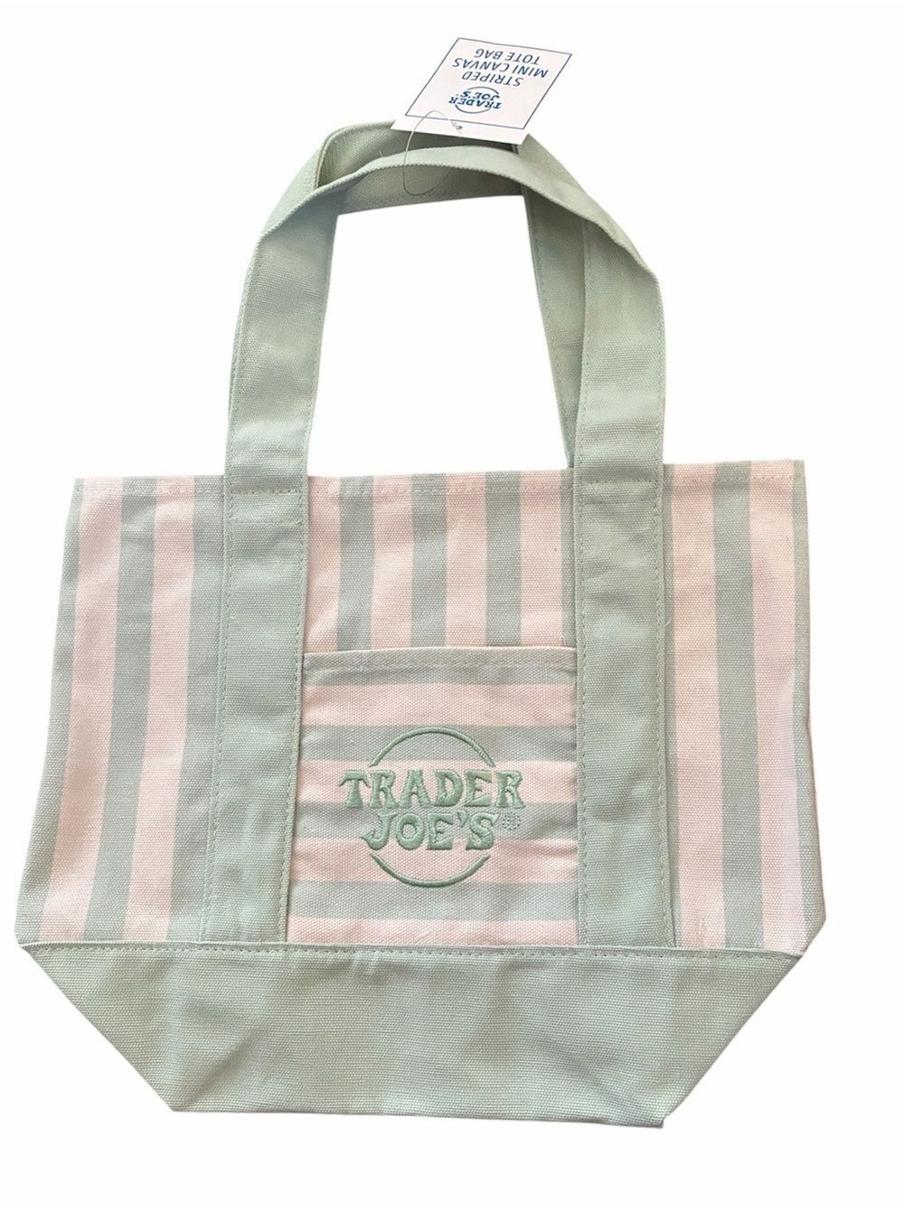 Trader Joe’s Striped Mini Canvas Tote – Green & Pink Embroidered Logo